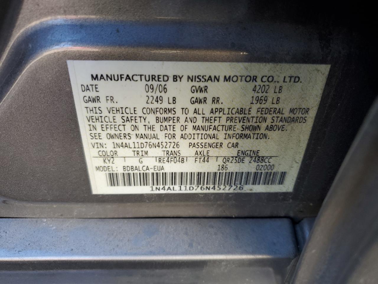 1N4AL11D76N452726 2006 Nissan Altima S