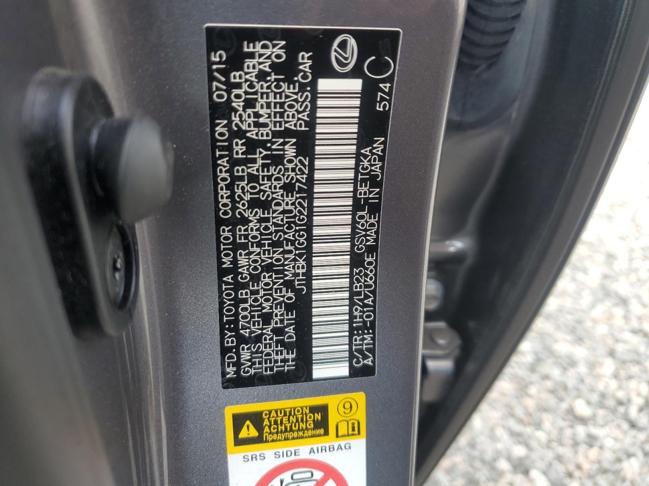 2016 Lexus Es 350 VIN: JTHBK1GG1G2217422 Lot: 74784734