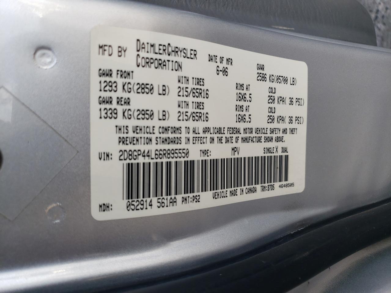 2006 Dodge Grand Caravan Sxt VIN: 2D8GP44L66R895550 Lot: 73840544