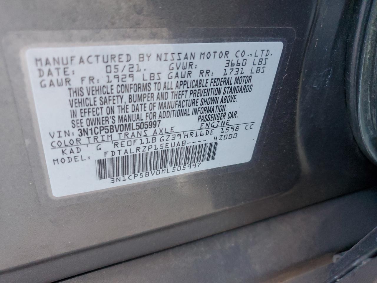 VIN 3N1CP5BV0ML505997 2021 NISSAN KICKS no.13