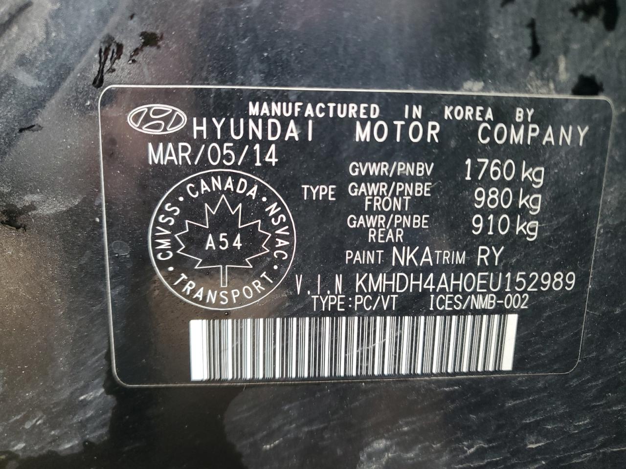 KMHDH4AH0EU152989 2014 Hyundai Elantra Se