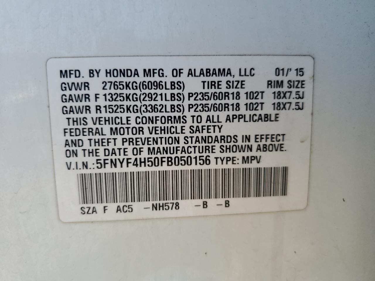 5FNYF4H50FB050156 2015 HONDA PILOT - Image 13