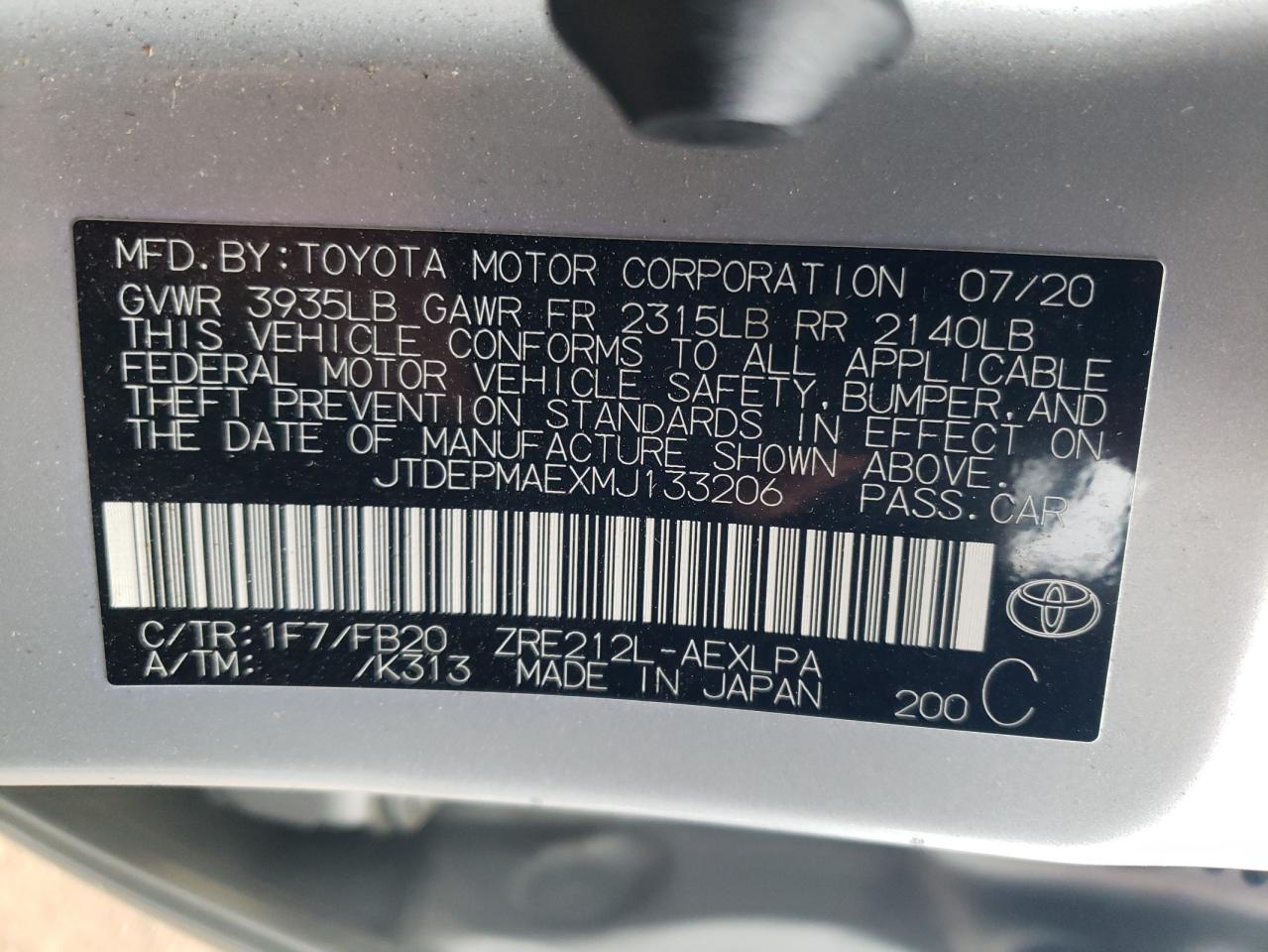 VIN JTDEPMAEXMJ133206 2021 TOYOTA COROLLA no.13