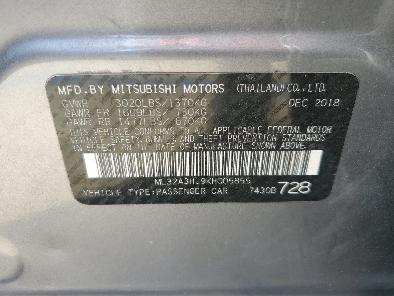 2019 Mitsubishi Mirage Es VIN: ML32A3HJ9KH005855 Lot: 76604424