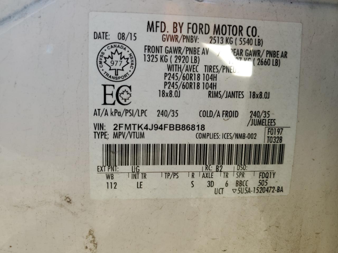 2FMTK4J94FBB86818 2015 Ford Edge Sel