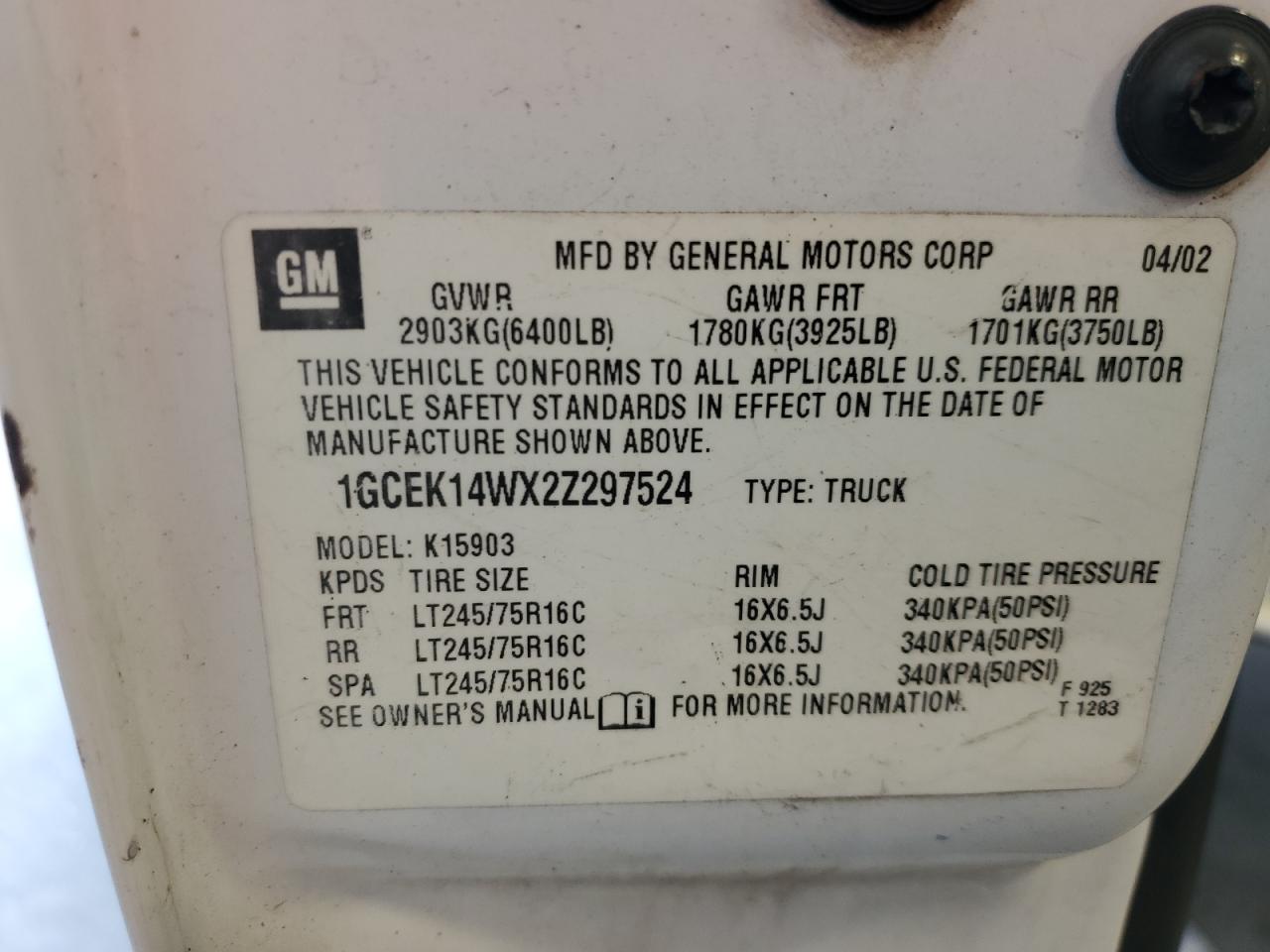 1GCEK14WX2Z297524 2002 Chevrolet Silverado K1500