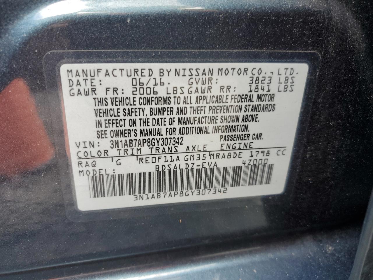 2016 Nissan Sentra S VIN: 3N1AB7AP8GY307342 Lot: 74220034