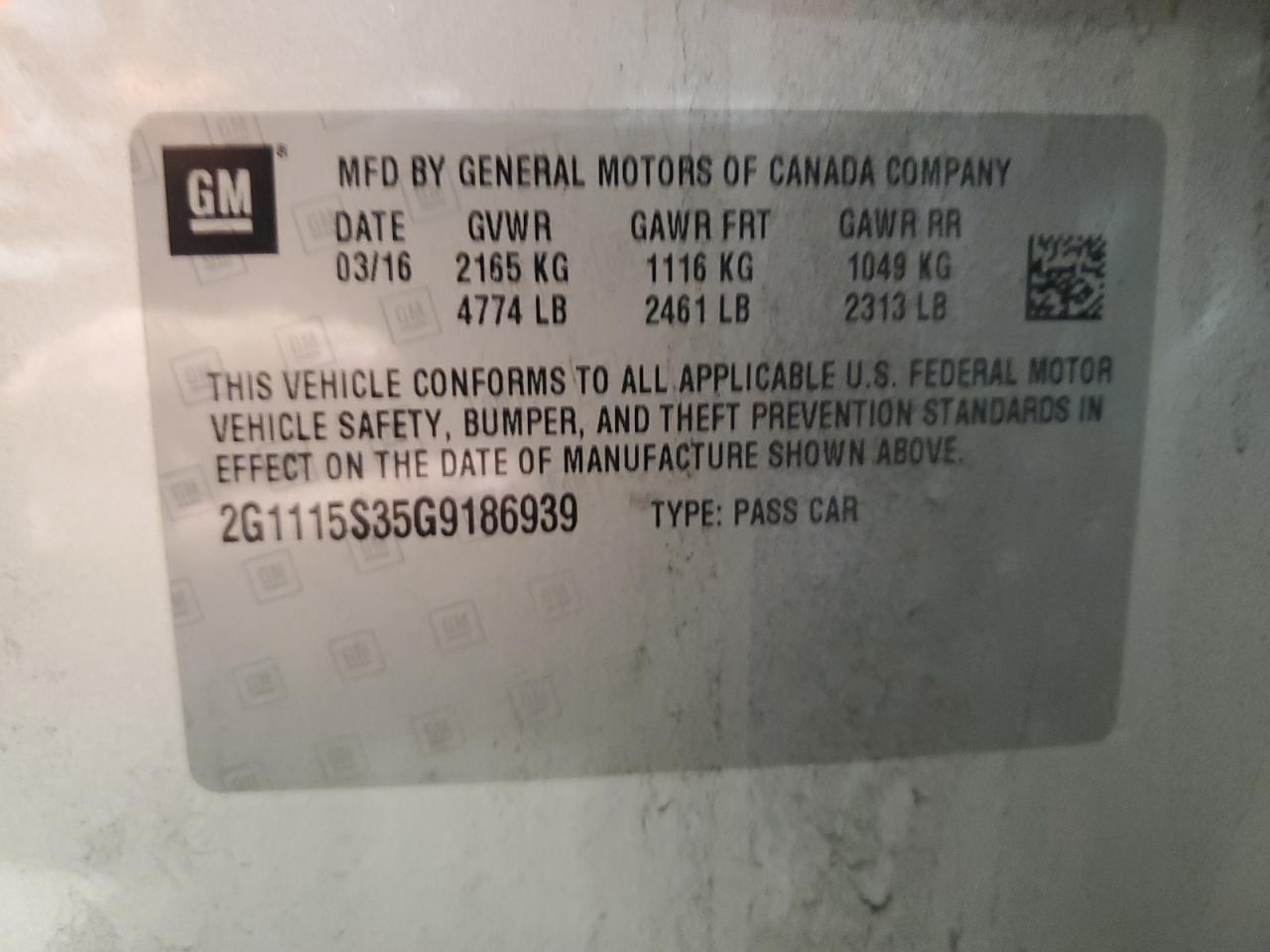 2G1115S35G9186939 2016 Chevrolet Impala Lt