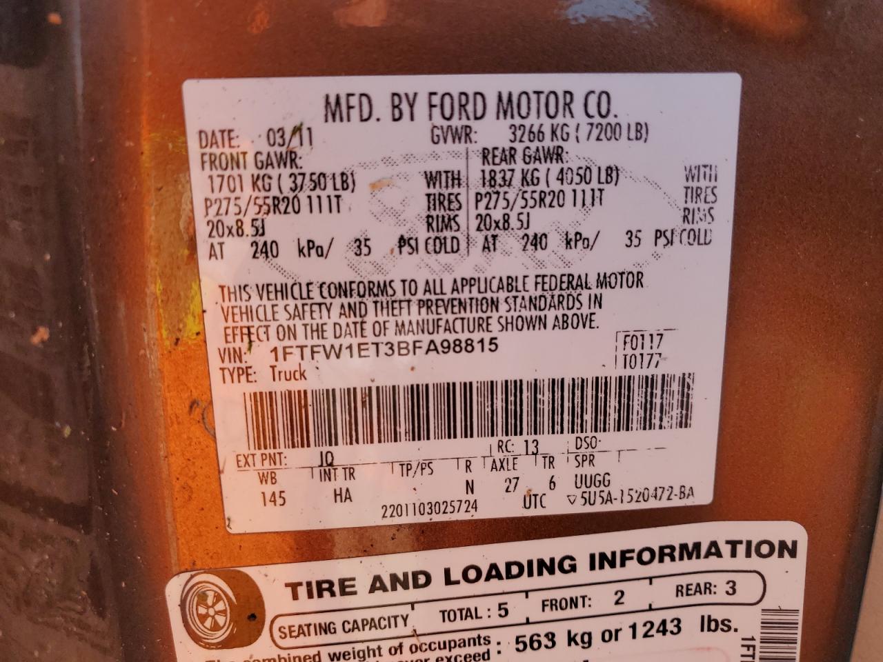 2011 Ford F150 Supercrew VIN: 1FTFW1ET3BFA98815 Lot: 76260564