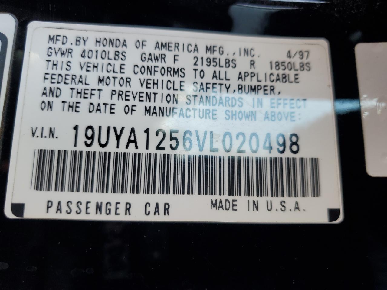 1997 Acura 2.2Cl VIN: 19UYA1256VL020498 Lot: 77040994