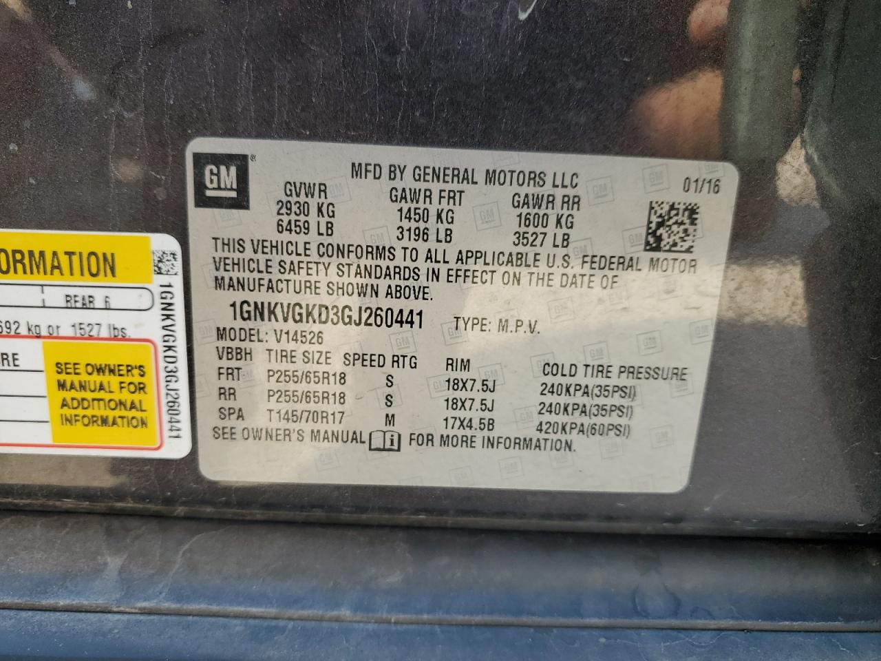 2016 Chevrolet Traverse Lt VIN: 1GNKVGKD3GJ260441 Lot: 76520594