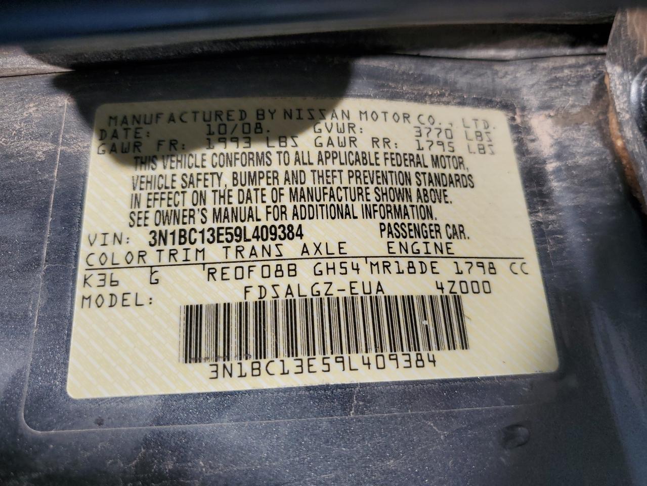 3N1BC13E59L409384 2009 Nissan Versa S