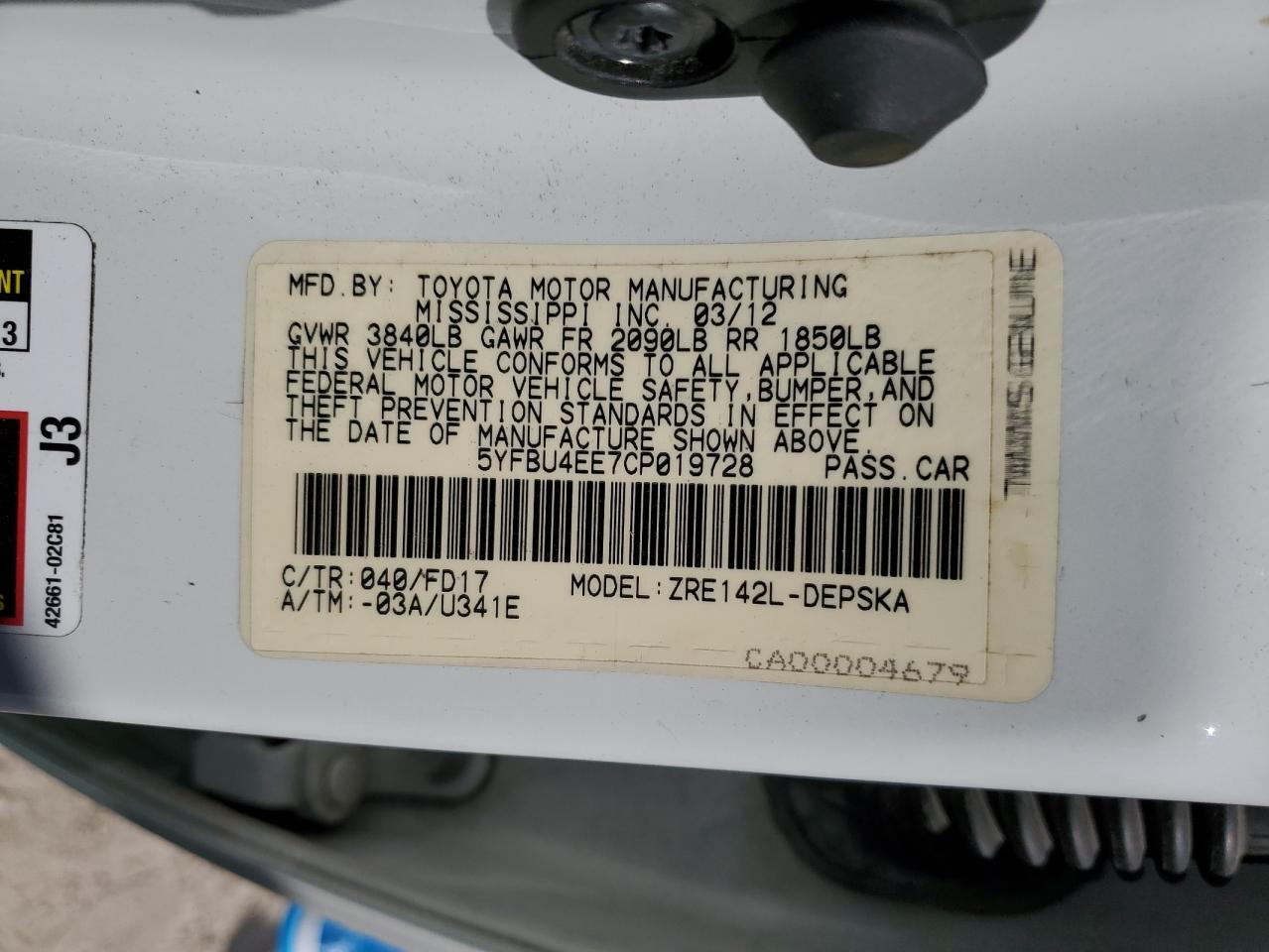 5YFBU4EE7CP019728 2012 Toyota Corolla Base