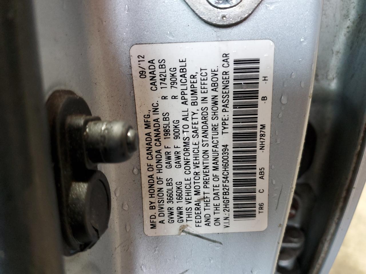 2HGFB2F54CH600394 2012 Honda Civic Lx