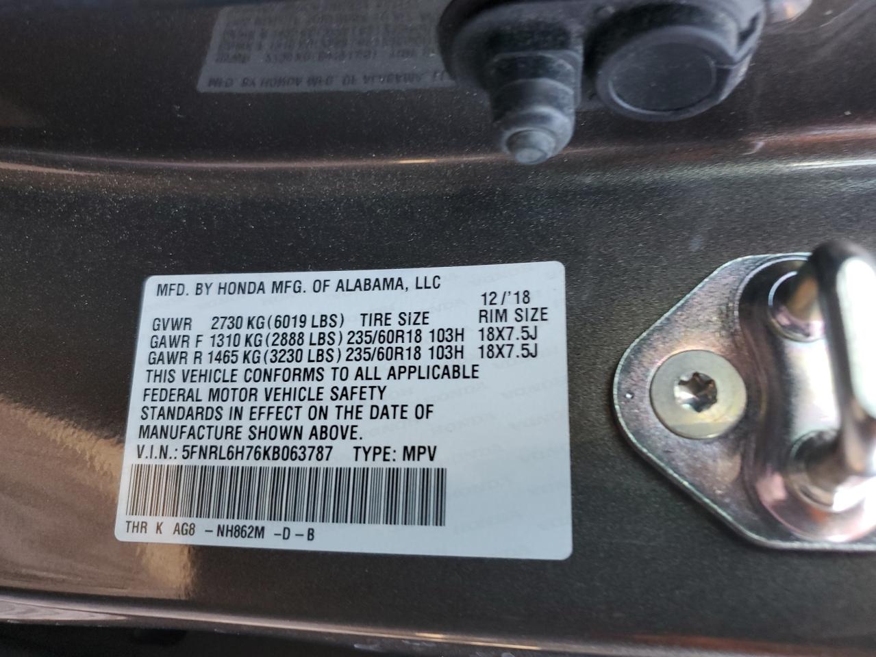 5FNRL6H76KB063787 2019 Honda Odyssey Exl