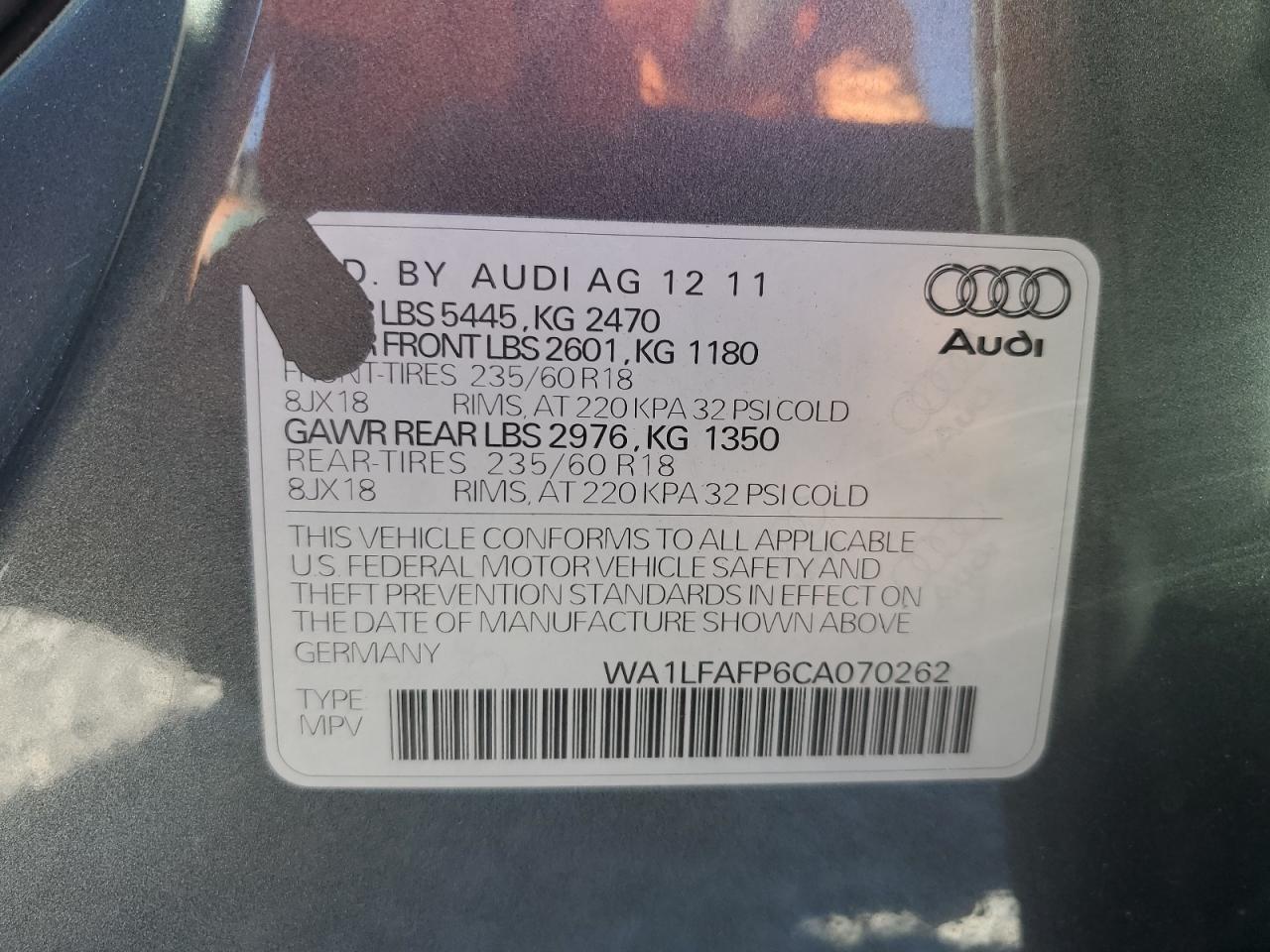 2012 Audi Q5 Premium Plus VIN: WA1LFAFP6CA070262 Lot: 77186844