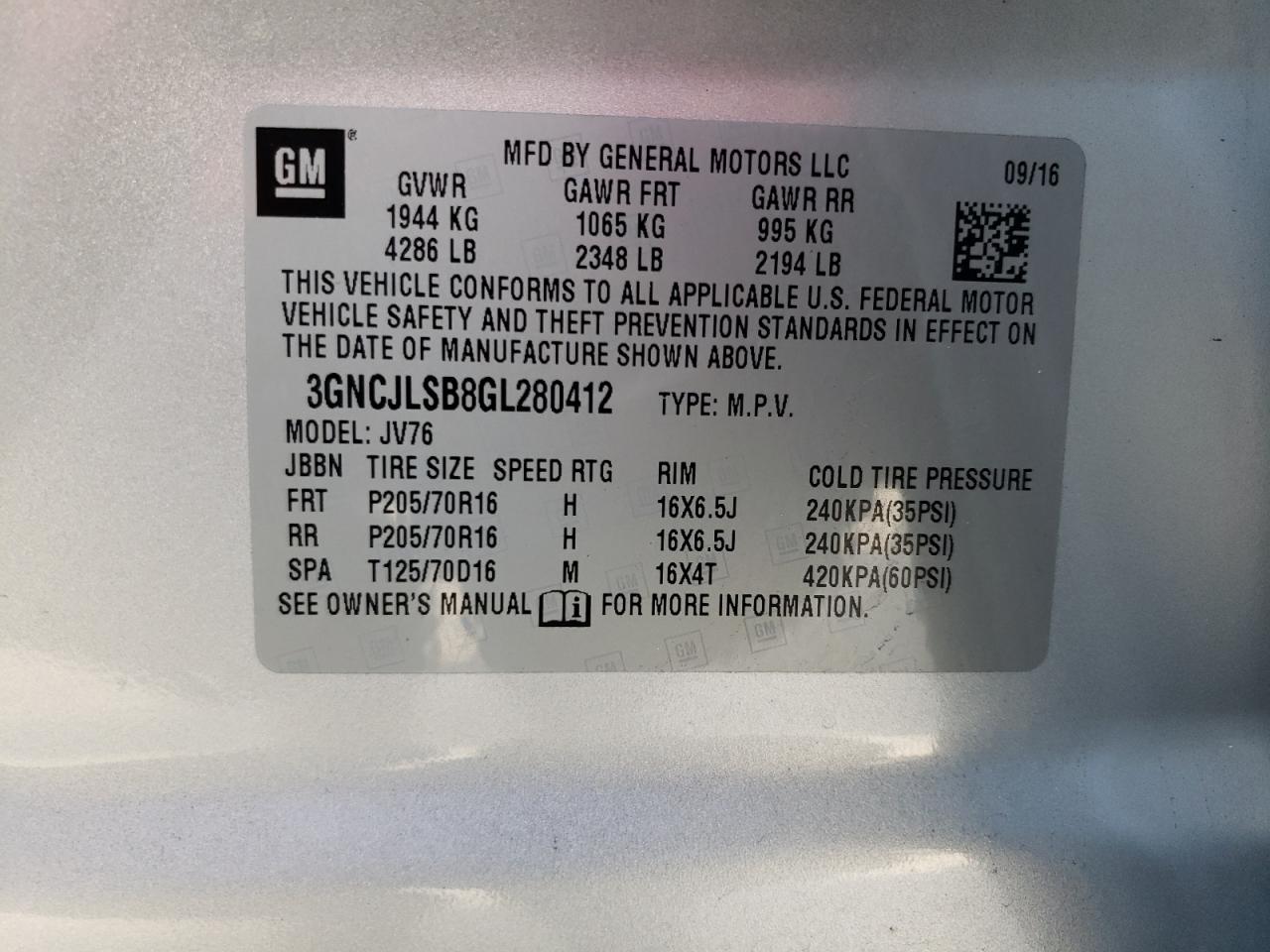 2016 Chevrolet Trax 1Lt VIN: 3GNCJLSB8GL280412 Lot: 75125014