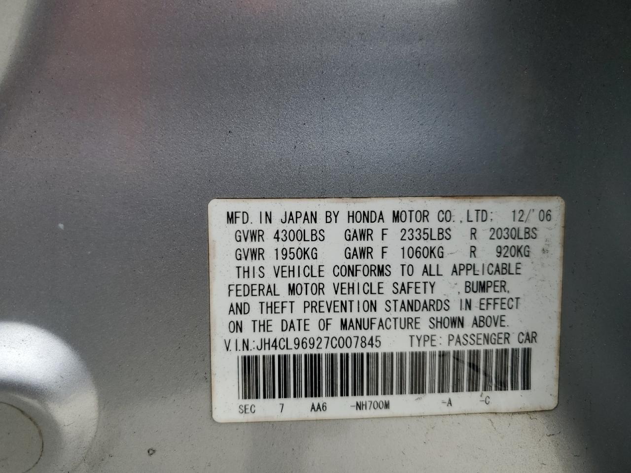 JH4CL96927C007845 2007 Acura Tsx