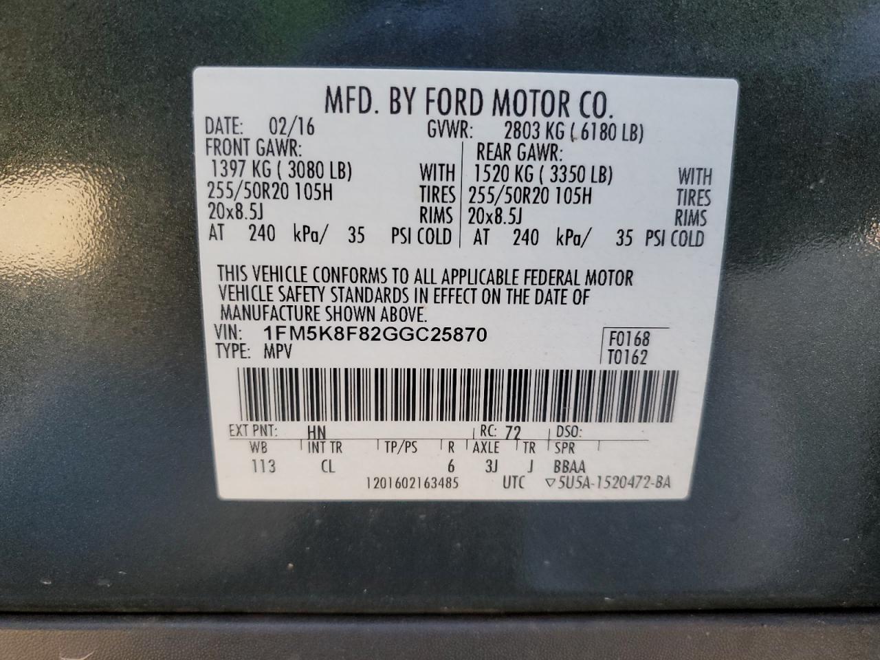 2016 Ford Explorer Limited VIN: 1FM5K8F82GGC25870 Lot: 75698484