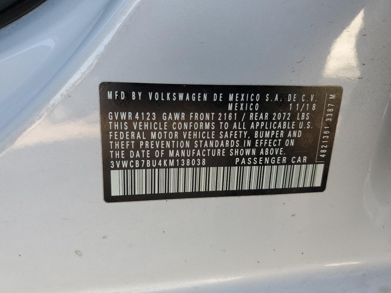 2019 Volkswagen Jetta S VIN: 3VWCB7BU4KM138038 Lot: 76319954