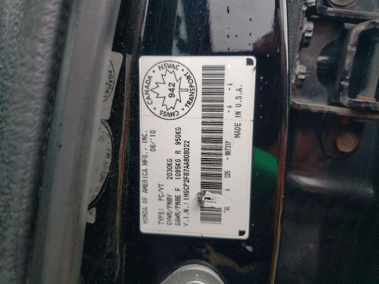 2010 Honda Accord Exl VIN: 1HGCP2F87AA808022 Lot: 76770814