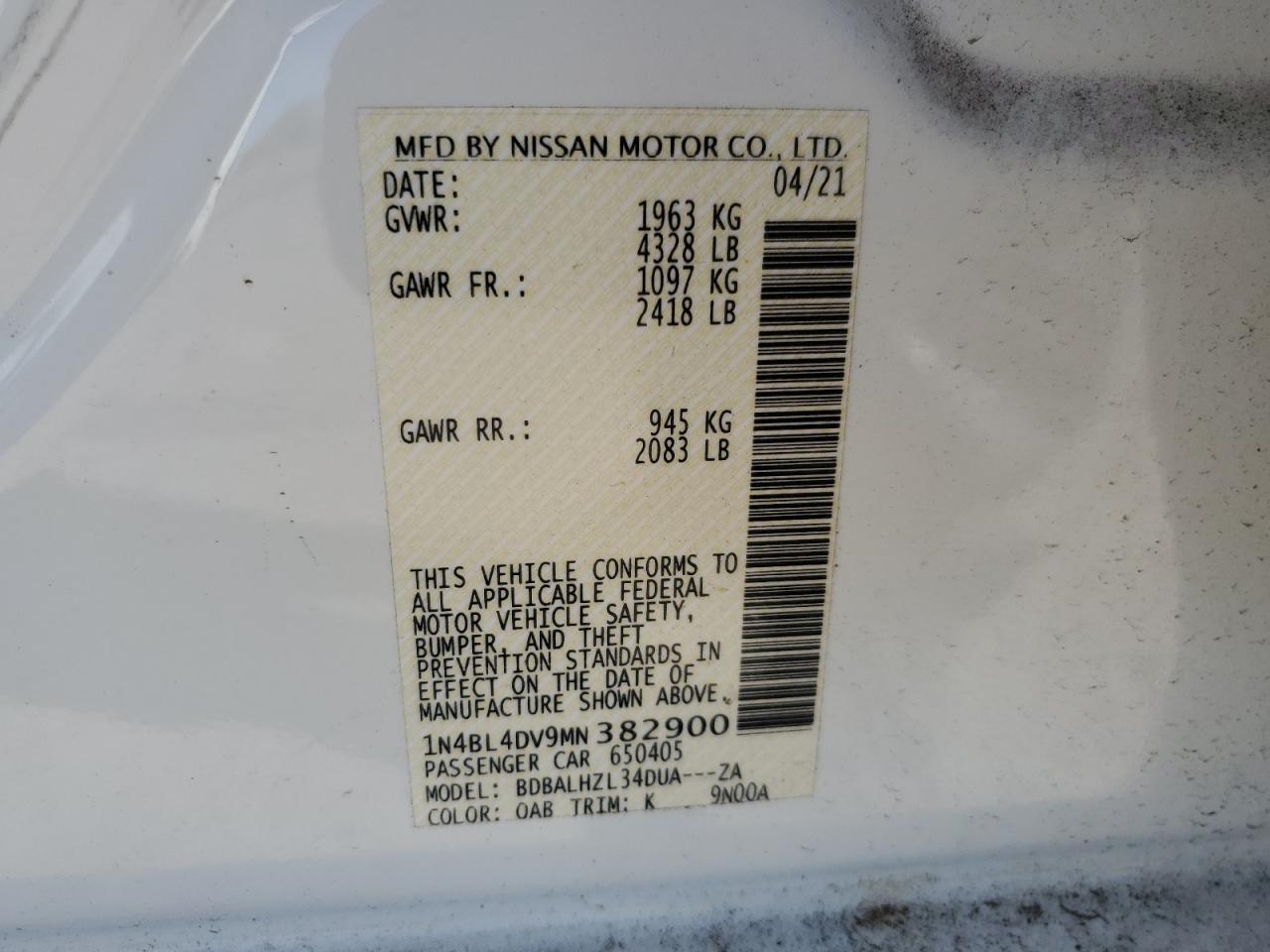 1N4BL4DV9MN382900 2021 Nissan Altima Sv