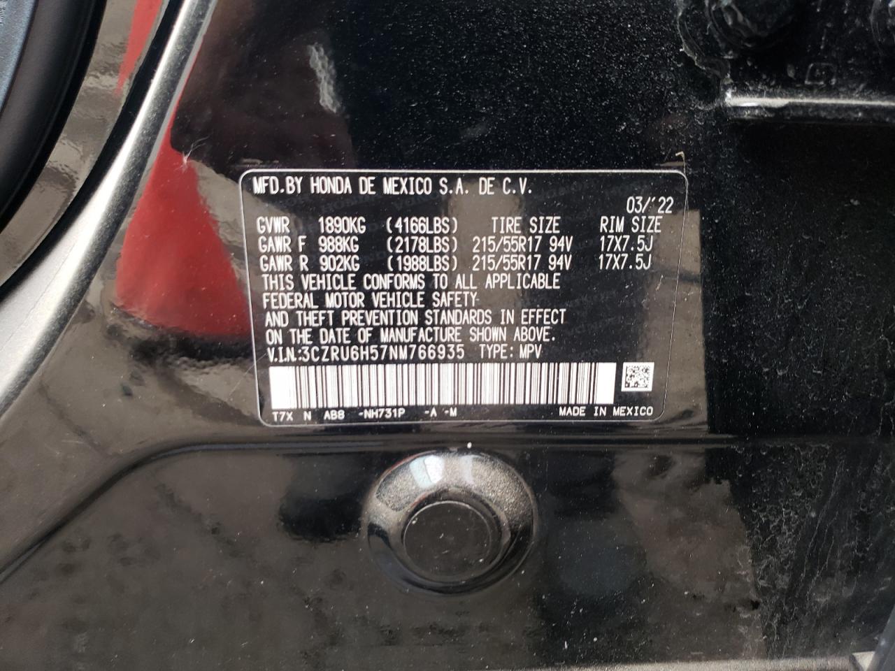 3CZRU6H57NM766935 2022 Honda Hr-V Ex