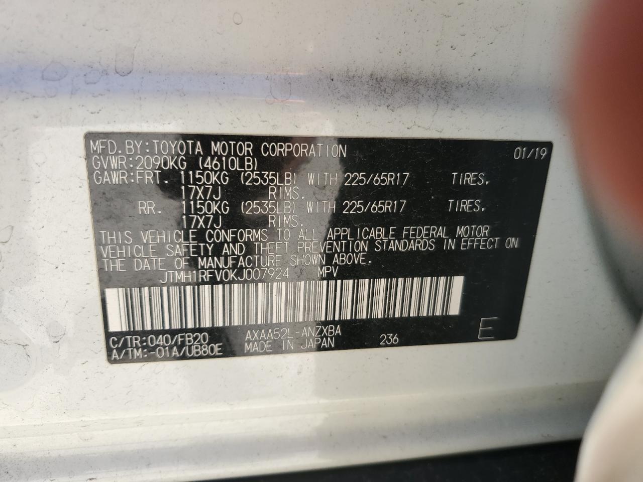 JTMH1RFV0KJ007924 2019 Toyota Rav4 Le