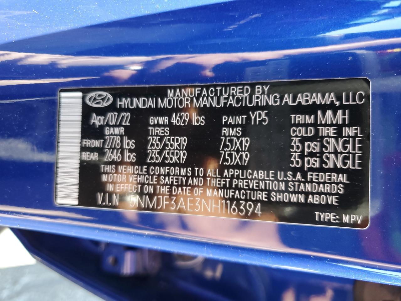 5NMJF3AE3NH116394 2022 Hyundai Tucson Sel