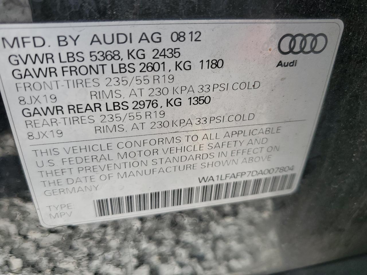 2013 Audi Q5 Premium Plus VIN: WA1LFAFP7DA007804 Lot: 75029144