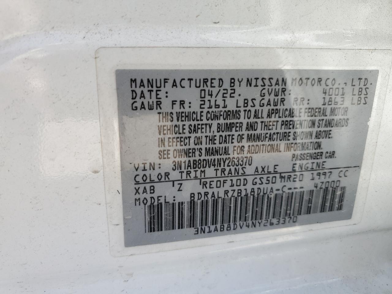 2022 Nissan Sentra Sr VIN: 3N1AB8DV4NY263370 Lot: 75210434