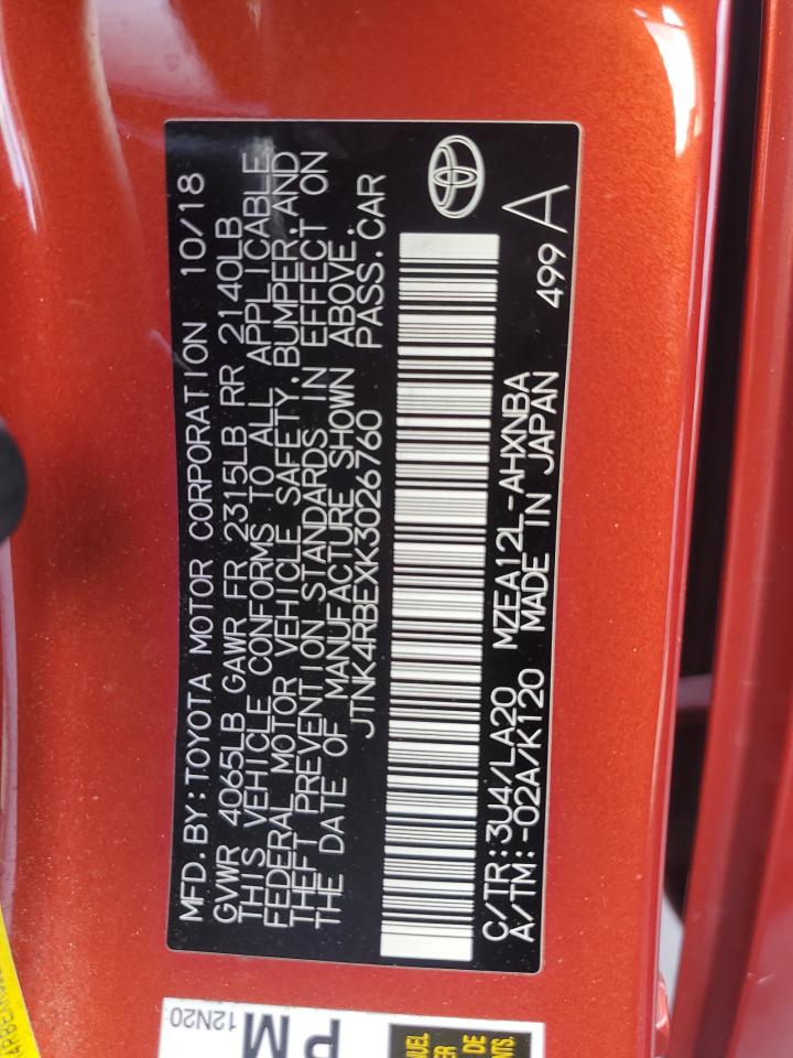 2019 Toyota Corolla Se VIN: JTNK4RBEXK3026760 Lot: 78237274