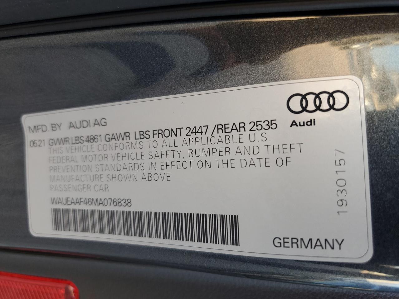 2021 Audi A4 Premium Plus 45 VIN: WAUEAAF46MA076838 Lot: 75496724