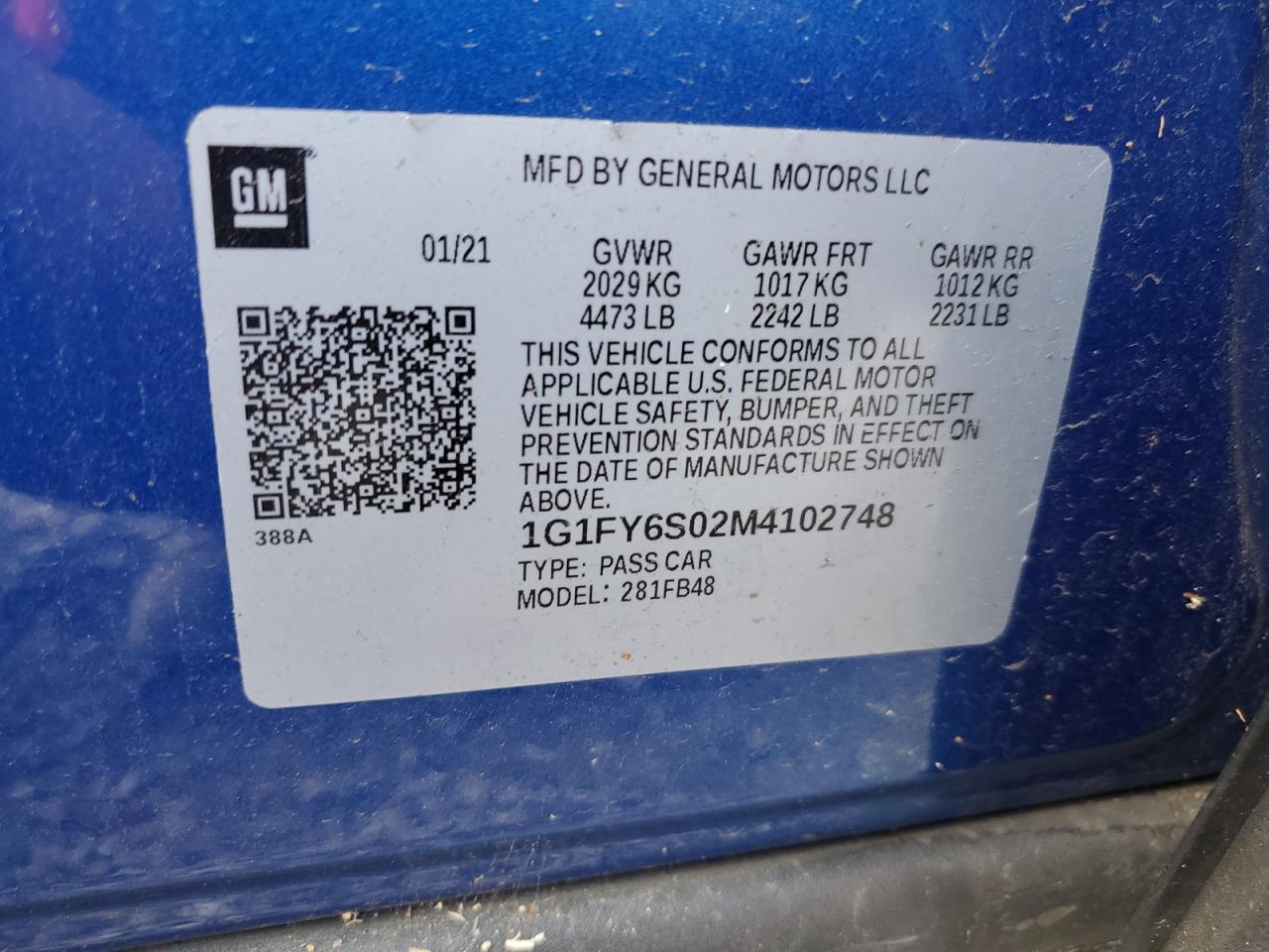 1G1FY6S02M4102748 2021 Chevrolet Bolt Ev Lt