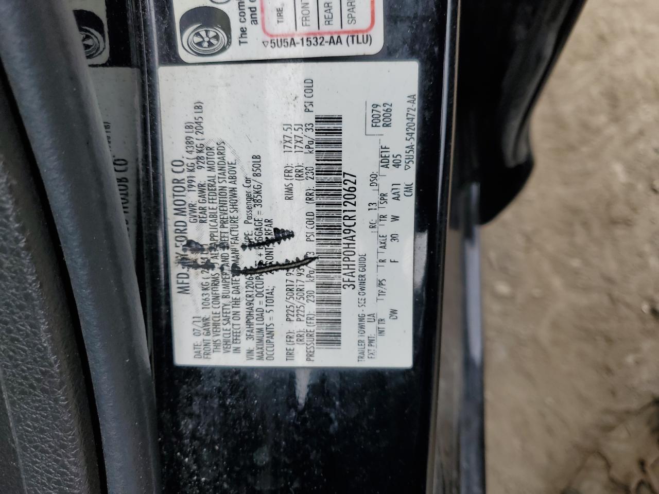 3FAHP0HA9CR120627 2012 Ford Fusion Se