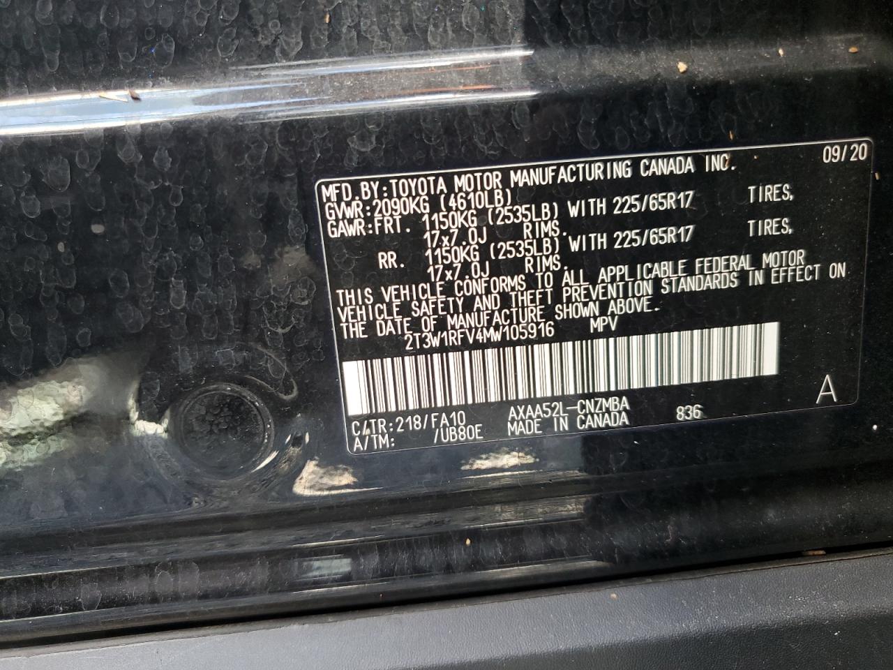 2T3W1RFV4MW105916 2021 Toyota Rav4 Xle