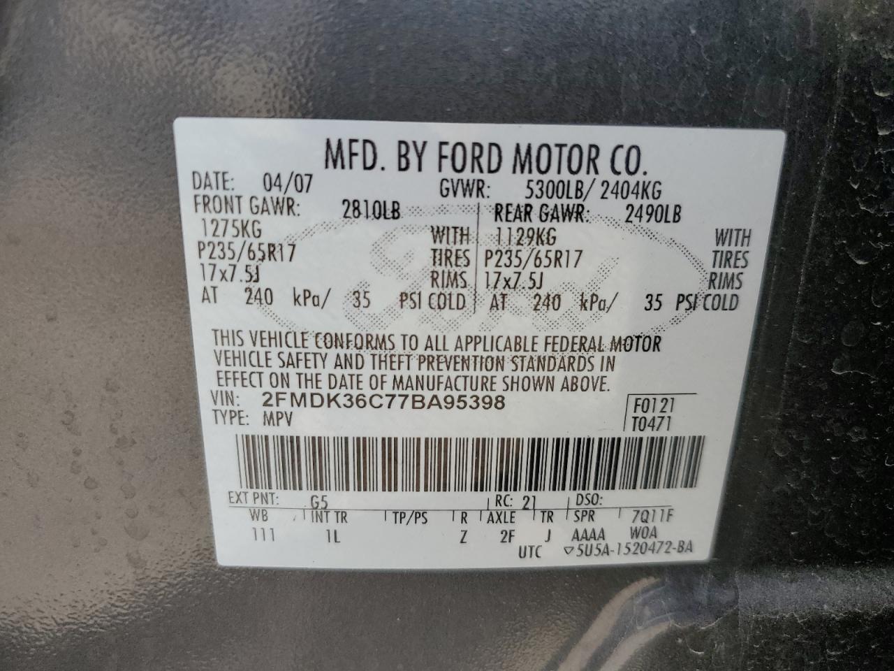 2007 Ford Edge Se VIN: 2FMDK36C77BA95398 Lot: 74677324