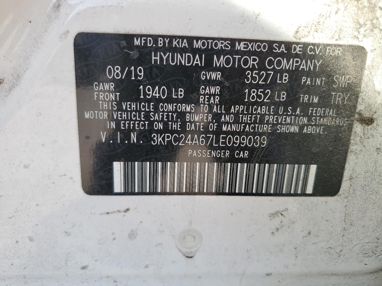 3KPC24A67LE099039 2020 Hyundai Accent Se