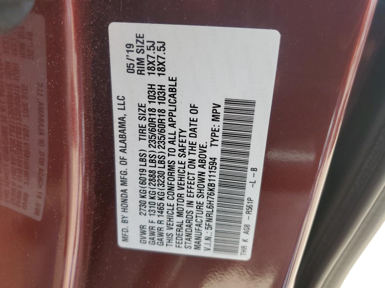 5FNRL6H76KB111594 2019 Honda Odyssey Exl