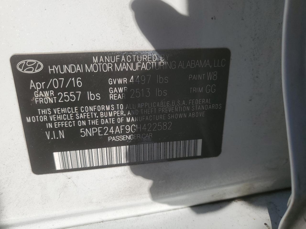 5NPE24AF9GH422582 2016 Hyundai Sonata Se