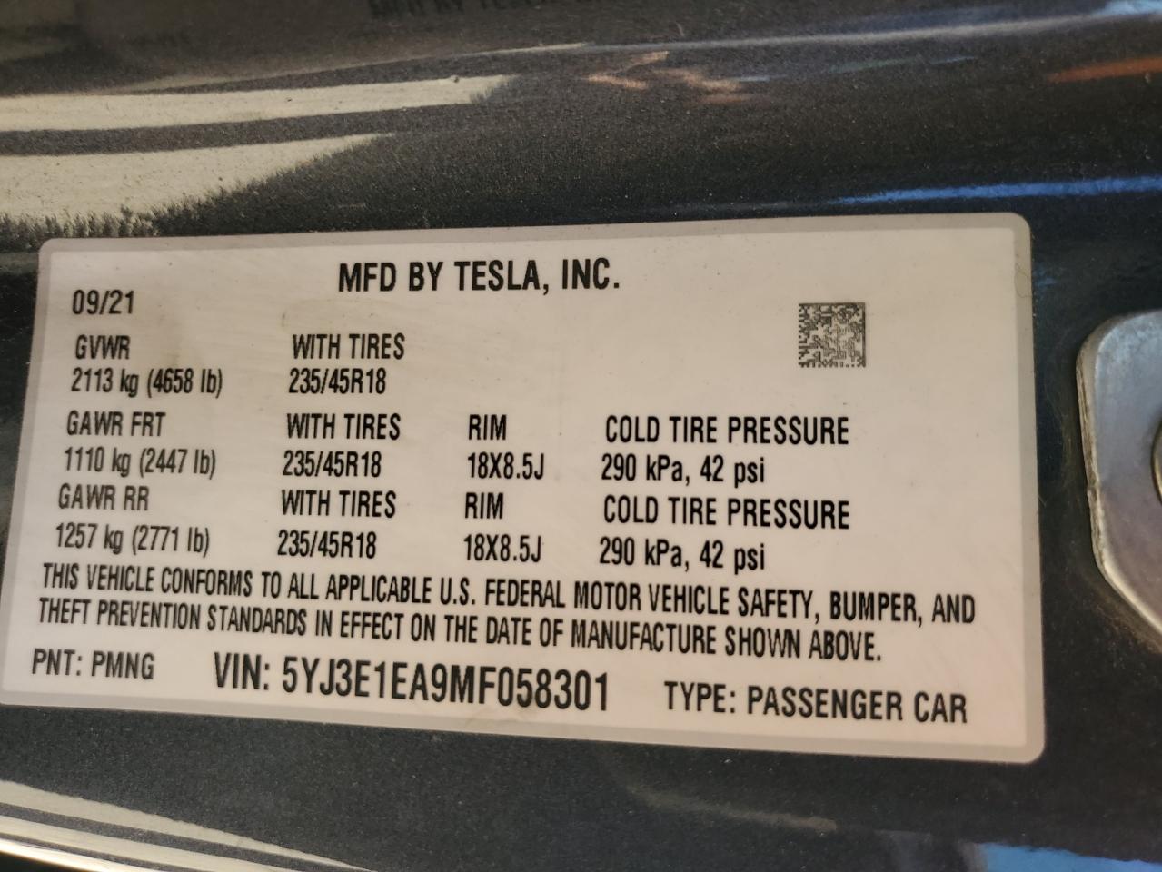 2021 Tesla Model 3 VIN: 5YJ3E1EA9MF058301 Lot: 76025424