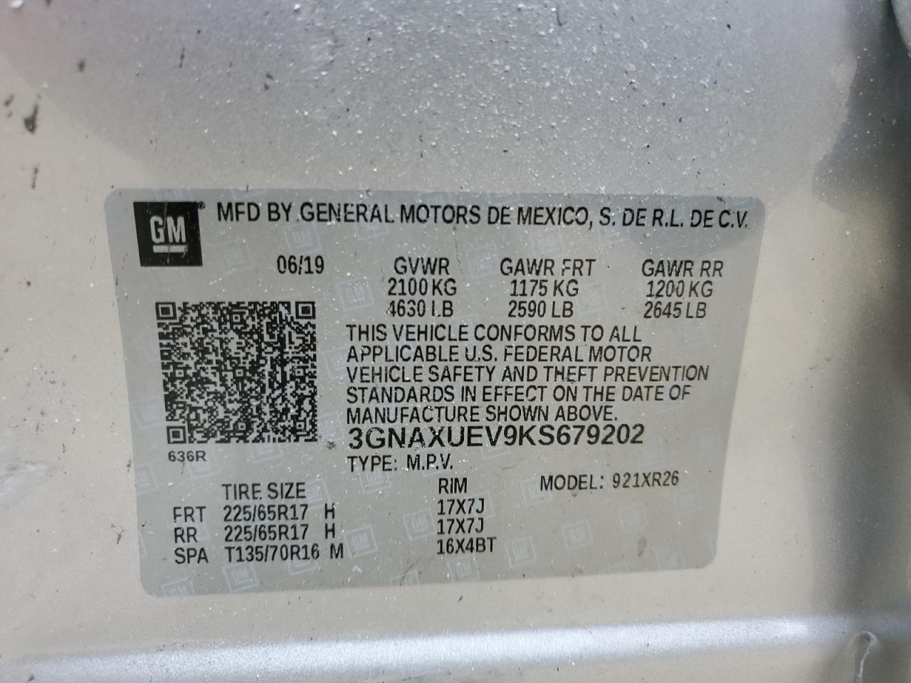 3GNAXUEV9KS679202 2019 Chevrolet Equinox Lt