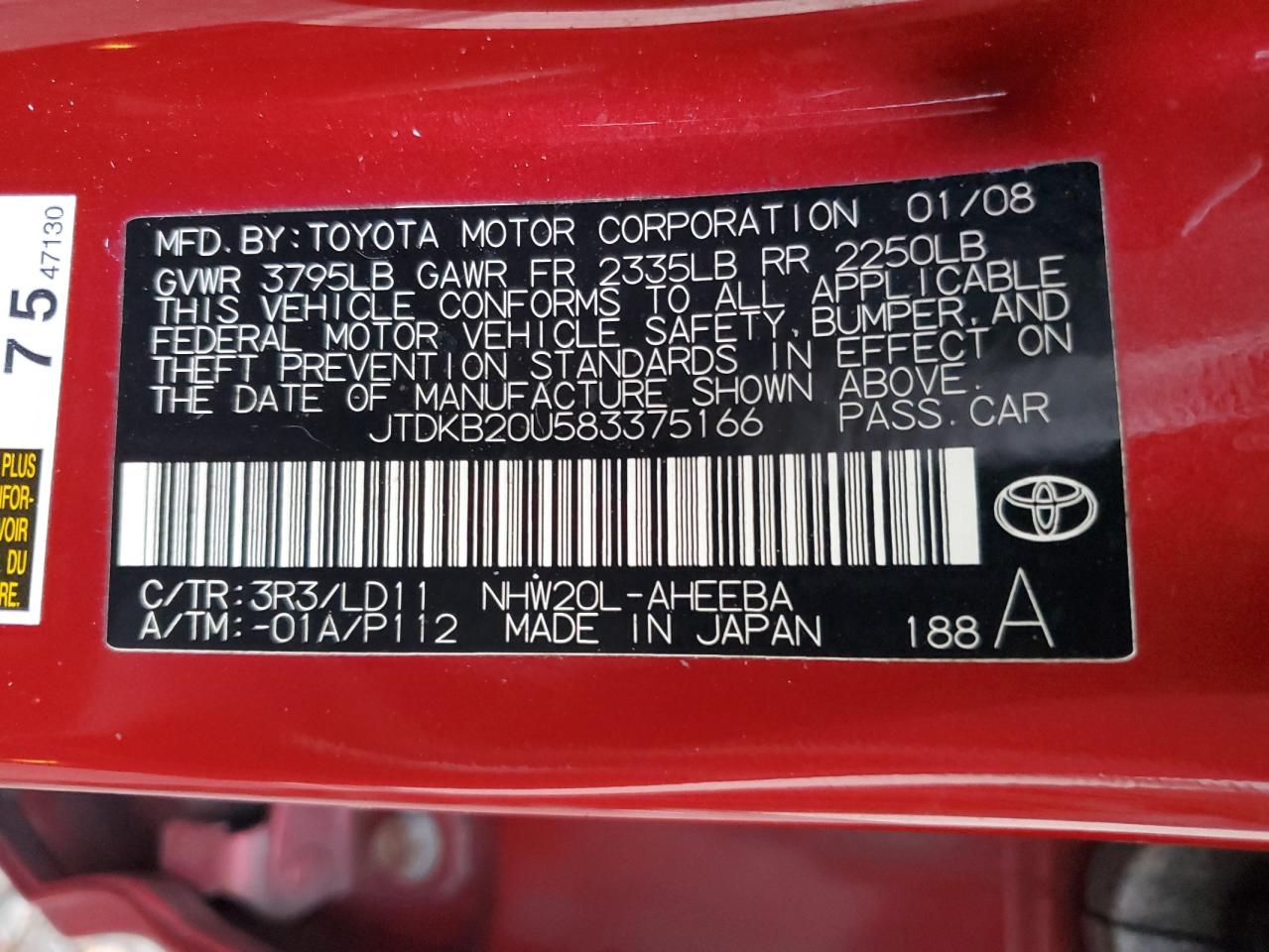 JTDKB20U583375166 2008 Toyota Prius