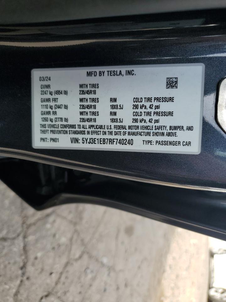 2024 Tesla Model 3 VIN: 5YJ3E1EB7RF740240 Lot: 75980634