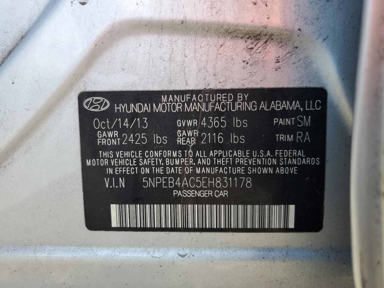 5NPEB4AC5EH831178 2014 Hyundai Sonata Gls