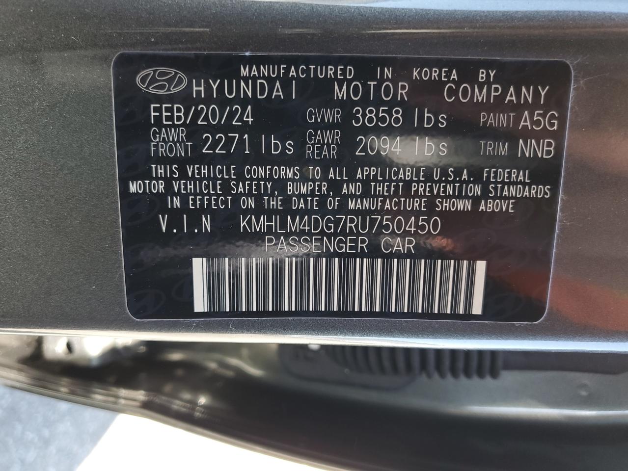 KMHLM4DG7RU750450 2024 Hyundai Elantra Sel