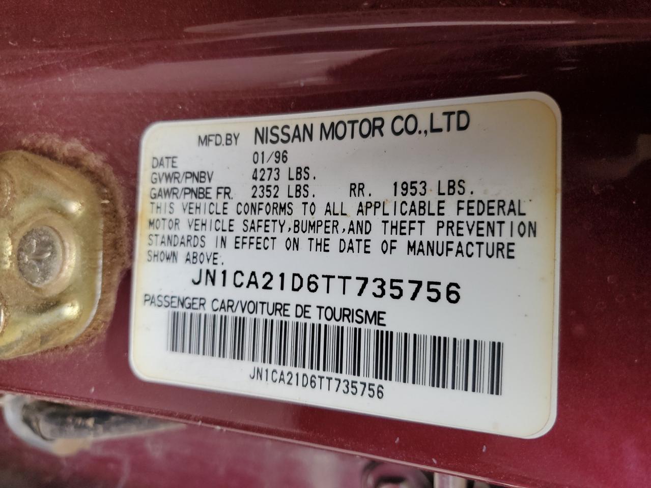 1996 Nissan Maxima Gle VIN: JN1CA21D6TT735756 Lot: 52925555