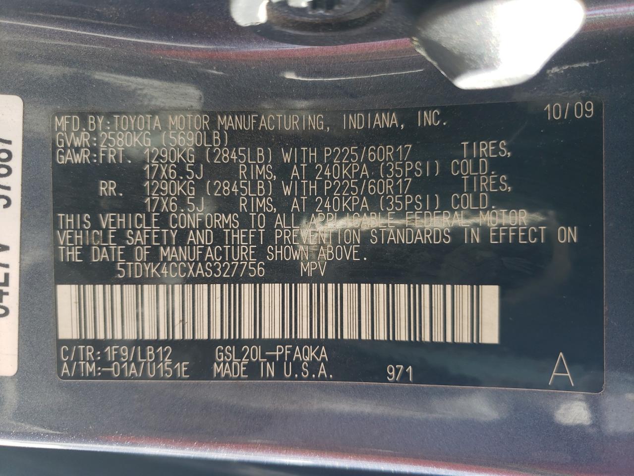 5TDYK4CCXAS327756 2010 Toyota Sienna Xle