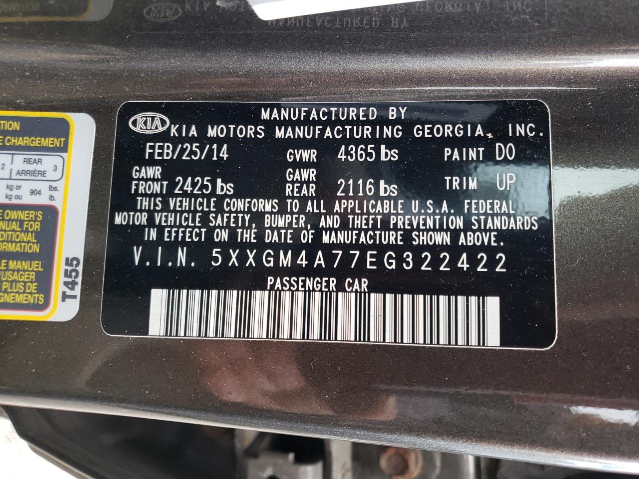 5XXGM4A77EG322422 2014 Kia Optima Lx