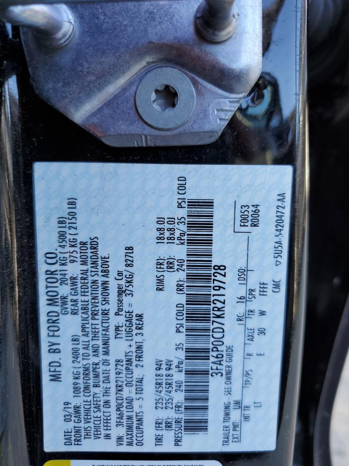 2019 Ford Fusion Sel VIN: 3FA6P0CD7KR219728 Lot: 76067994